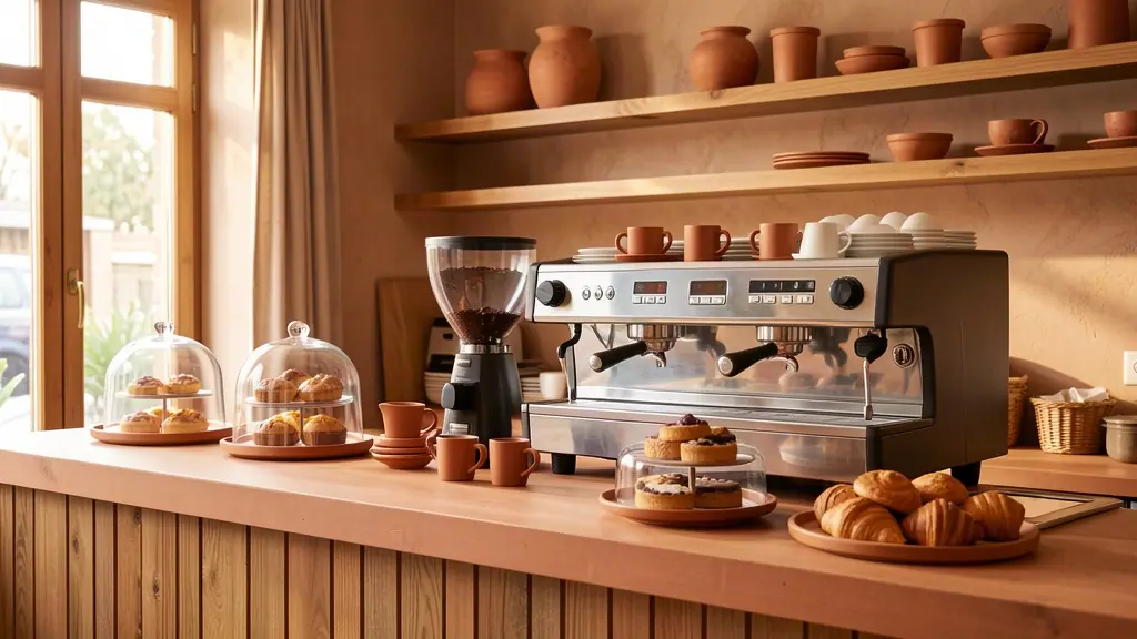 Comptoir du café avec machine espresso et pâtisseries sous cloche