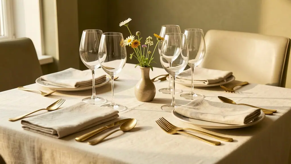 Détail de table dressée : serviettes en lin, verres à vin et couverts en laiton