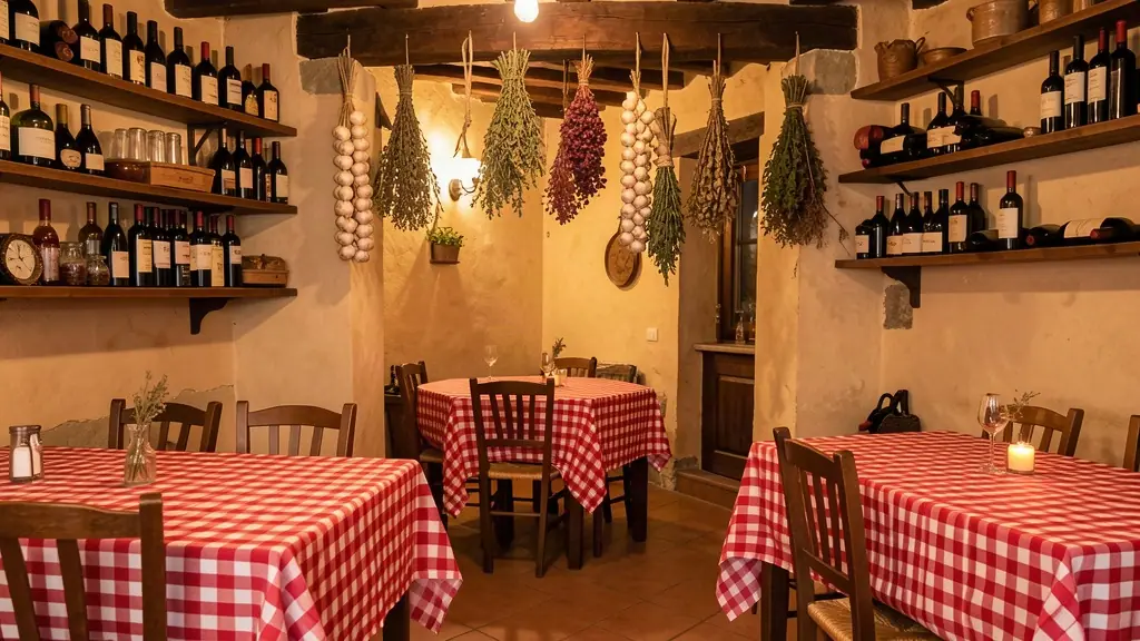 Salle de trattoria avec nappes à carreaux et bouteilles de vin